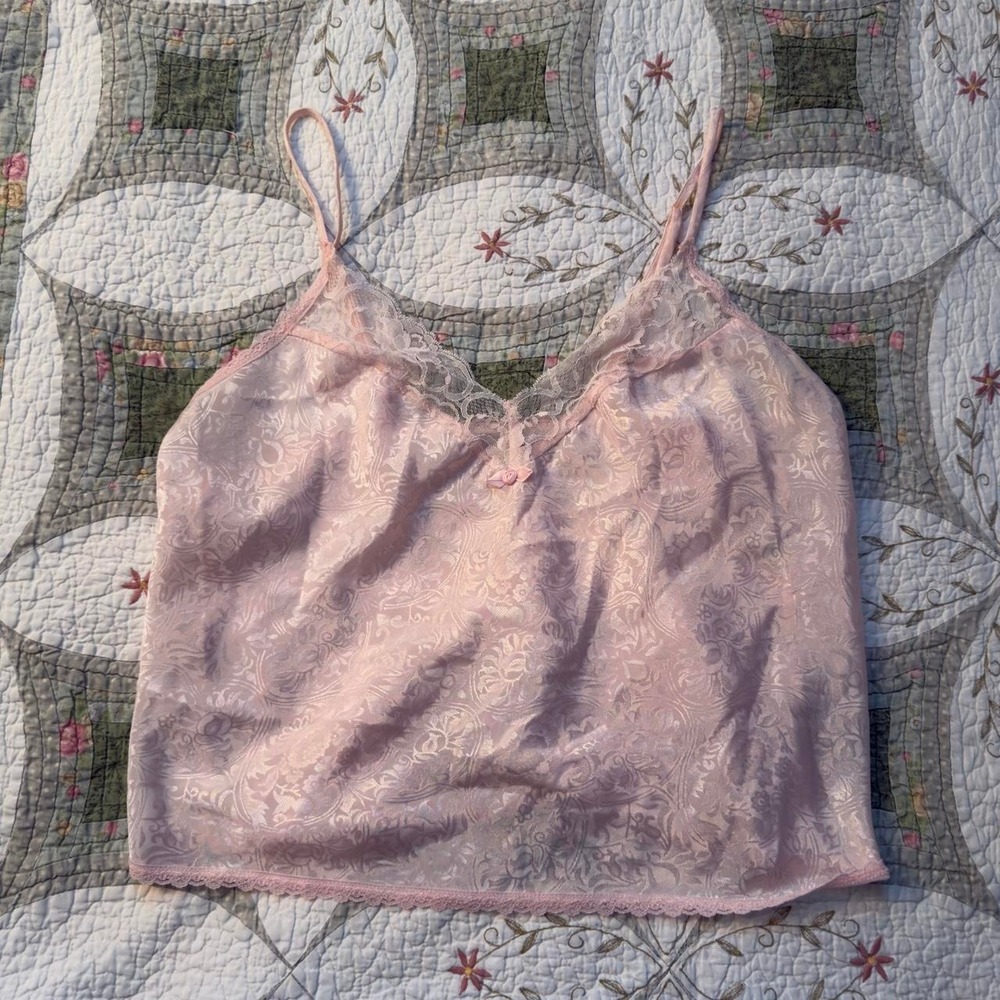 Pink Satin Lace Trim Cami Top Womens S Coquette Balletcore‎ Rosette Floral Y2K